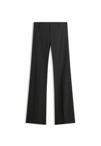 Schwarze weit geschnittene Hosen aus glattem Stoff, mit hoher Taille und klaren Linien, ohne sichtbare Muster oder Verzierungen.