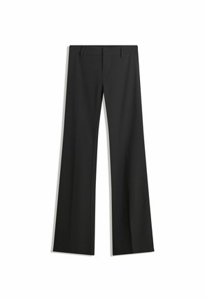Black wide-leg trousers made from smooth fabric, featuring a high waist and clean lines, with no visible patterns or embellishments.