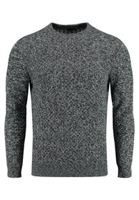Grijze pullover trui met een gestructureerd breipatroon, ronde hals en lange mouwen. Geribbelde manchetten en zoom. Lichte stof.