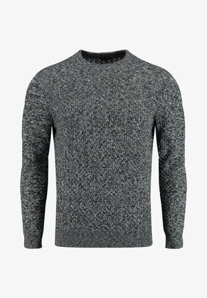 Grauer Pullover mit strukturiertem Strickmuster, Rundhals und langen Ärmeln. Gerippte Bündchen und Saum. Leichtes Material.