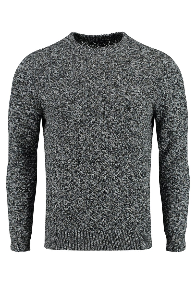 Grijze pullover trui met een gestructureerd breipatroon, ronde hals en lange mouwen. Geribbelde manchetten en zoom. Lichte stof.