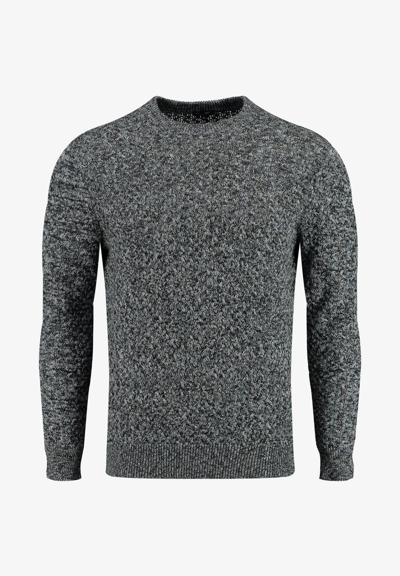 Maglione grigio a collo rotondo con un motivo di maglia texture, maniche lunghe. Polsini e orlo a coste. Tessuto leggero.