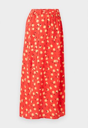 Rød maxi-skjørt laget av lett stoff, med et blomstermønster med gule tusenfryd og svarte detaljer. Elastisk midjebånd for komfort.
