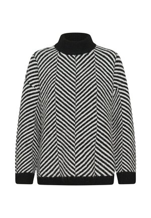 Gestreifter schwarze und weiße Rollkragenpullover mit Zick-Zack-Muster, gerippte Bündchen, Kragen und Saum, vor einem weißen Hintergrund gezeigt.