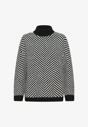 Gestreifter schwarze und weiße Rollkragenpullover mit Zick-Zack-Muster, gerippte Bündchen, Kragen und Saum, vor einem weißen Hintergrund gezeigt.