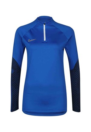 Blå atletisk top med lange ærmer med sorte mønstrede ærmer, kvart-lynlås foran og hvid Nike swoosh-logo på brystet.