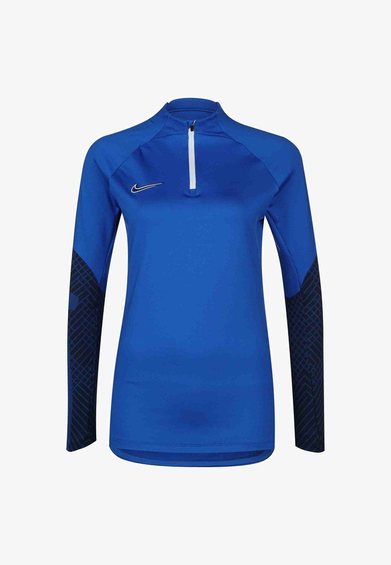 Haut de sport bleu à manches longues avec manches noires à motifs, fermeture éclair quart devant et logo Nike swoosh blanc sur la poitrine.