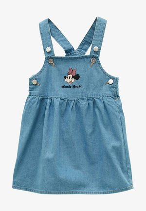 Jeansblaues Latzkleid mit verstellbaren Trägern, silbernen Knöpfen und einem Minnie-Maus-Gesicht mit Schleife und Schriftzug auf dem Brustpaneel.