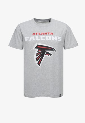 T-shirt in cotone grigio con scollatura rotonda, con la scritta "ATLANTA FALCONS" in rosso e bianco sopra un logo di falco nero e rosso.