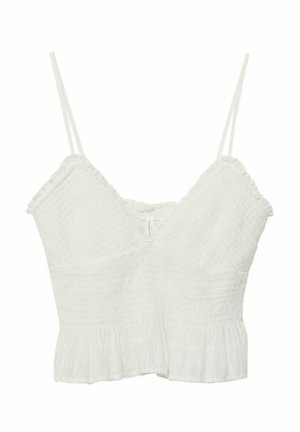 Bílý zkrácený top s tenkými nastavitelnými ramínky, texturovanou látkou, výstřihem do V a volánkovým lemem. Jednoduchý design s lehkým vzhledem.
