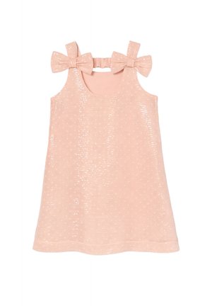 Vestito senza maniche rosa pallido per bambino con paillettes, con due fiocchi sulle spalline e dettaglio elastico sul retro.