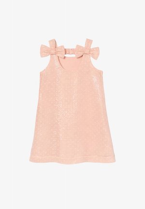 Bezrękawowa bladoróżowa sukienka dla malucha z cekinami, z dwoma kokardkami na ramiączkach i elastycznym detalem na plecach.