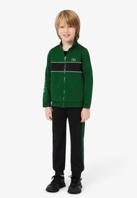 Zelena zip-up jakna s črnimi in belimi črtami, v kombinaciji s črnimi hlačami z zelenimi stranskimi akcenti. Obuta v črne superge.
