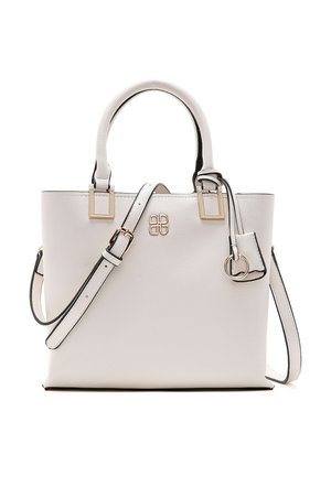 White leather handbag with dual handles, adjustable shoulder strap, gold hardware, and a small attached leather tag with metal ring.
