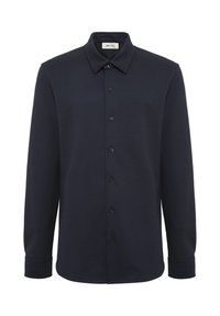 Marineblaues Langarmhemd aus weichem Stoff, mit klassischem Kragen und Knopfleiste, ausgestattet mit sechs schwarzen Knöpfen und strukturierten Manschetten.