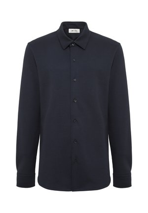 Marineblaues Langarmhemd aus weichem Stoff, mit klassischem Kragen und Knopfleiste, ausgestattet mit sechs schwarzen Knöpfen und strukturierten Manschetten.