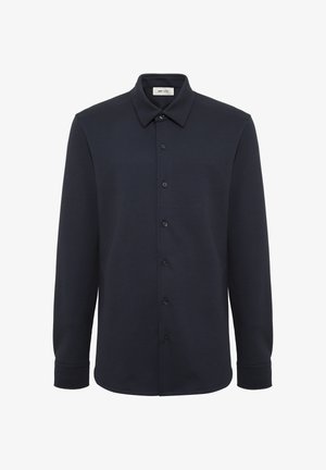 Marineblaues Langarmhemd aus weichem Stoff, mit klassischem Kragen und Knopfleiste, ausgestattet mit sechs schwarzen Knöpfen und strukturierten Manschetten.