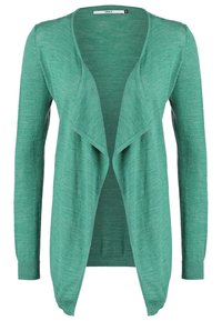 Pitkät hihat, avoin kardigan, jossa on tekstuurinen, vaaleanvihreä kangas. Sisältää valelapakauluksen ja joustavat hihansuut.