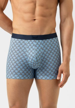Mann trägt hellblaue Boxershorts mit wiederholtem kleinen Fahrradmuster und einem dunkelblauen Bund.