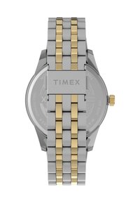 Timex watch with a stainless steel band featuring alternating silver and gold links. Round case with a gold crown and engraved back.