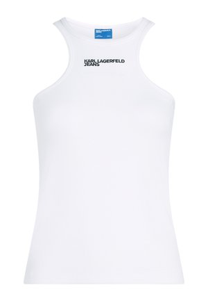 Biały, bezrękawnik z prążkowanej dzianiny z wysokim kołnierzem i czarnym nadrukiem "KARL LAGERFELD JEANS" na piersi.