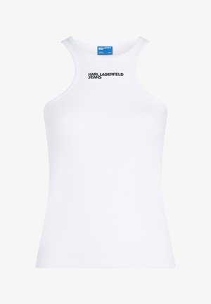 Biały, bezrękawnik z prążkowanej dzianiny z wysokim kołnierzem i czarnym nadrukiem "KARL LAGERFELD JEANS" na piersi.