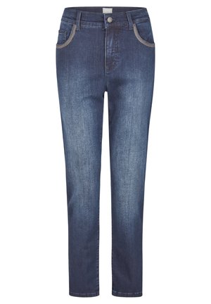 Dark blue denim jeans with a straight leg design, five-pocket style, and contrasting stitching. Features a front button and zipper closure.