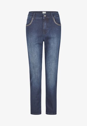 Dark blue denim jeans with a straight leg design, five-pocket style, and contrasting stitching. Features a front button and zipper closure.