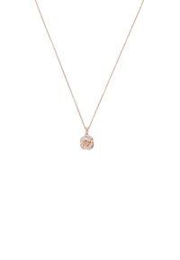 Collana in oro rosa con un pendente attorcigliato decorato con piccoli cristalli trasparenti, attaccata a una delicata catena.