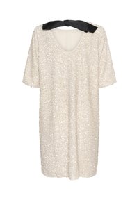 Robe blanche à paillettes manches courtes avec un col rond et un nœud noir noué au dos à la base du col.