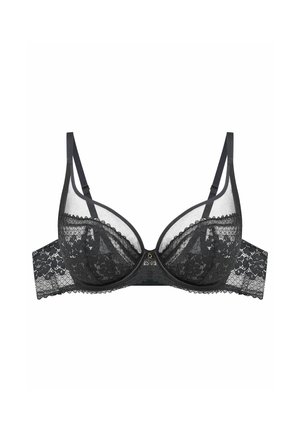 Schwarzer Spitzen-BH mit Mesh-Einsätzen, Unterdrahtstruktur, verstellbaren Trägern und Haken- und Ösenverschluss. Zartes Blumenmuster und dezenter Glanz.