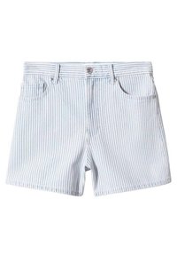 Světle modré a bílé pruhované džíny šortky s předním zapínáním na knoflík, dvěma bočními kapsami a klasickým střihem. Měkká textura.