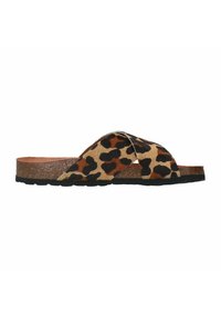 Leopardprint slidensandalen met een cross-strap ontwerp, zachte faux biesvacht textuur, gevoerde kurken voetbed en rubberen zool voor grip.