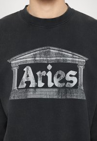Sort sweatshirt med et stort hvidt grafisk motiv af et klassisk tempel med teksten "Aries", tekstureret print og ribbet rund halsudskæring.