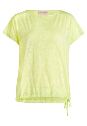 Blouse à manches courtes jaune clair avec un motif floral subtil, encolure ronde et détail de cordon ajustable à l'ourlet du côté droit.