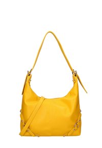 Geel leren handtas met een hobo-vorm, voorzien van een enkele schouderband, decoratieve zilveren hardware en geaccentueerde textuur op het oppervlak.