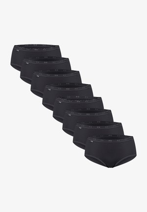 Sieben schwarze hoch taillierte Slip-Unterhosen im Brief-Stil, diagonal angeordnet mit kleinen Markenzeichen auf der linken Seitenbund.
