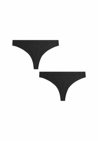 Čierne bavlnené tangá s minimalistickým dizajnom, vyrobené z hladkej, elastickej látky a s tenkým pásom. Zobrazené sú dva kusy.