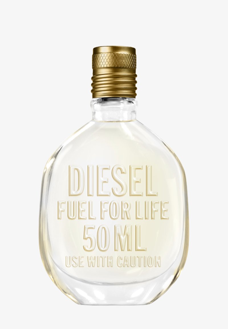 Przezroczysta, okrągła szklana butelka z złotą nakrętką, oznaczona etykietą "Diesel Fuel for Life 50 ml Use with caution", zawierająca jasny płyn.