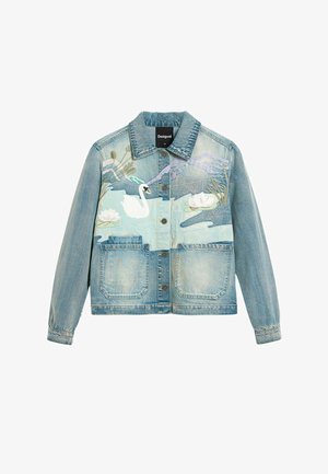 Denim jacket with button closure, featuring embroidered white swan, pink water lilies, cattails, and mountains in soft pastel colors.
