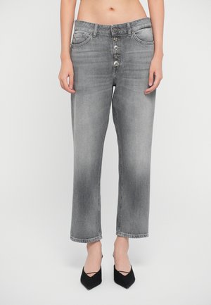 Jeans in denim grigio a vita alta con una vestibilità dritta, dotati di una chiusura a bottoni con cinque bottoni e un classico stile a cinque tasche.