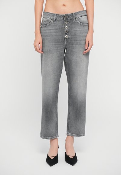 High-waisted, gray denim jeans with a straight-leg fit, featuring a button fly with five buttons, and classic five-pocket styling.