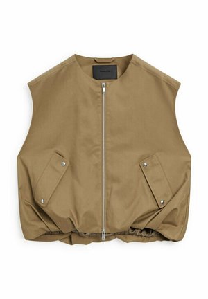 Ærmeløs khakifarvet vest med forlynlås, to lommer med klap og trykknap samt elastisk kant, lagt fladt på hvid baggrund.