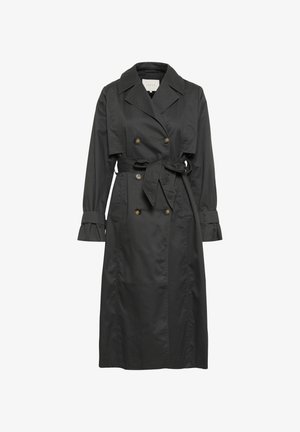 Schwarzer doppelreihiger Trenchcoat aus strapazierfähigem Material, mit tailliertem Schnitt, Reverskragen und umgeschlagenen Ärmeln mit dezenten Falten.