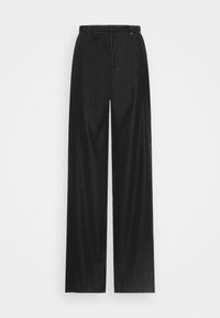 Pantalons larges noirs avec une texture lisse et douce. Dotés d'une taille ajustée, de passants de ceinture et d'une fermeture zippée classique à l'avant.