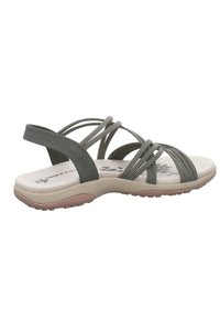 Las sandalias grises con tiras cuentan con correas sintéticas ajustables, una plantilla acolchada beige y una suela de goma rosa ligera con tracción.