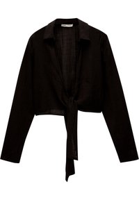 Blusa nera cropped realizzata in tessuto leggero, con colletto e maniche lunghe, dotata di un dettaglio di nodo sul davanti. Design a vestibilità ampia e testurizzata.
