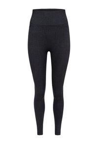 High-waisted black leggings made of stretchy fabric with a smooth texture and no visible patterns or hardware. Form-fitting design.