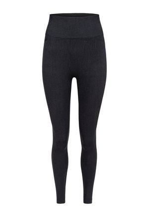 High-waisted black leggings made of stretchy fabric with a smooth texture and no visible patterns or hardware. Form-fitting design.