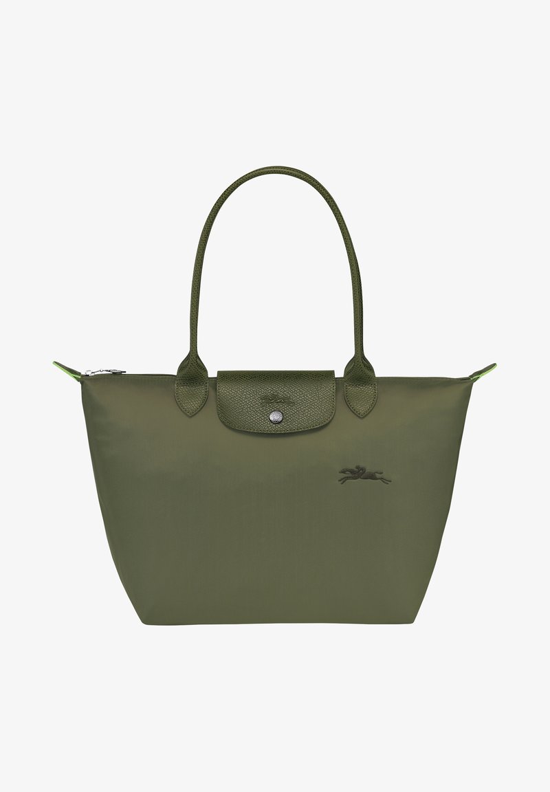 Olive green tote bag made of nylon with leather accents, featuring a zip closure, two handles, and an embroidered logo.